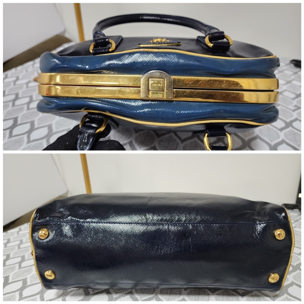 Prada Saffiano Vernice Pyramid Bag Navy Blue - Picture 9 of 15